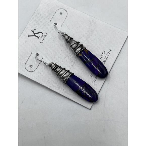 YS gems Purple Copper Turquoise Sterling Silver Teardrop Wrapped artisan Earring - Picture 10 of 10